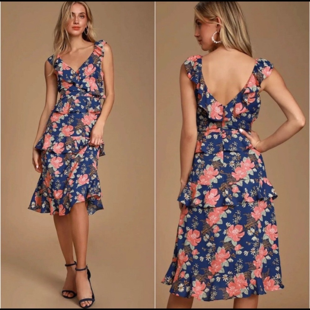 Lulus Blue Floral Ruffle Fleur-Evermore Midi Dress